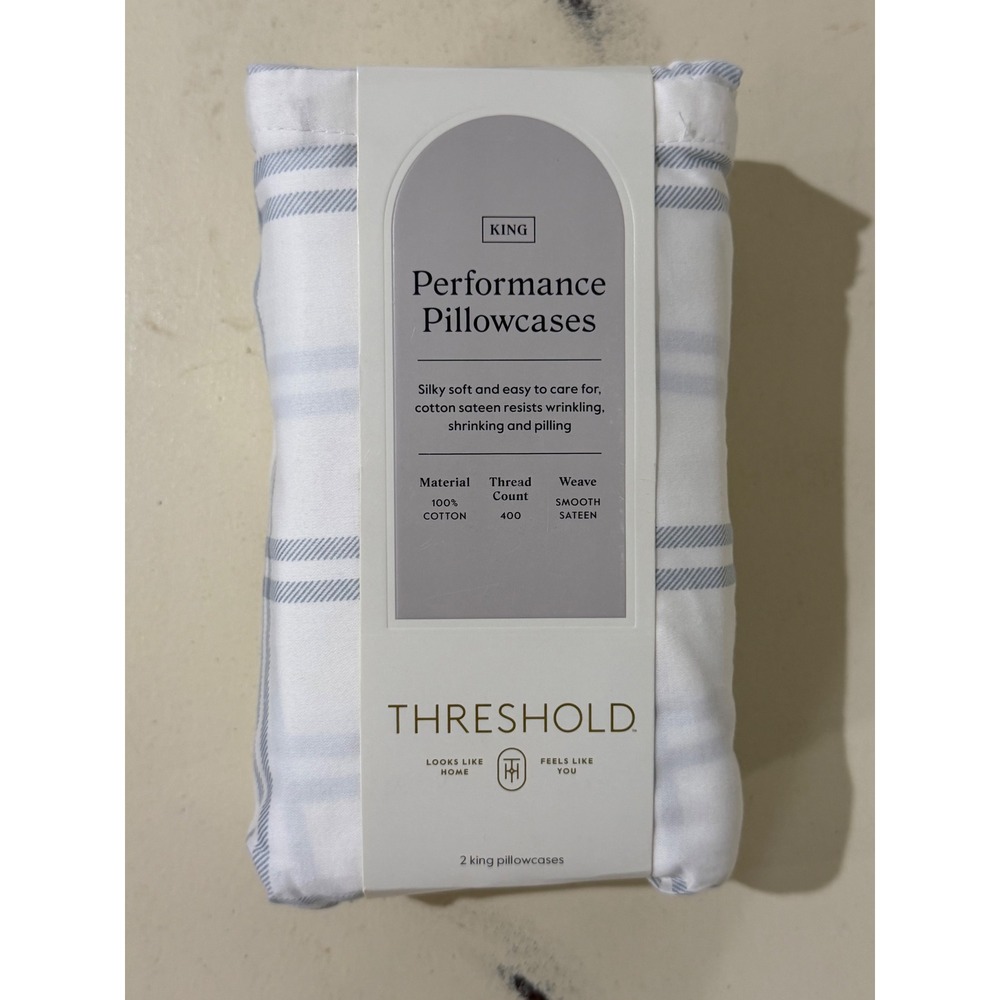 Threshold Performance King Pillowcases 2ct Blue Plaid 400 Thread Count Cotton